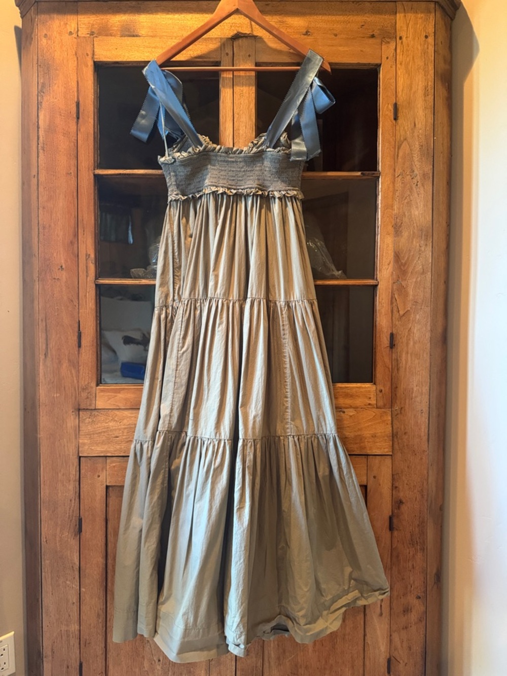 Free People Tiered Maxi Dress with Blue Tie Straps - Sage S - Picture 5 of 6